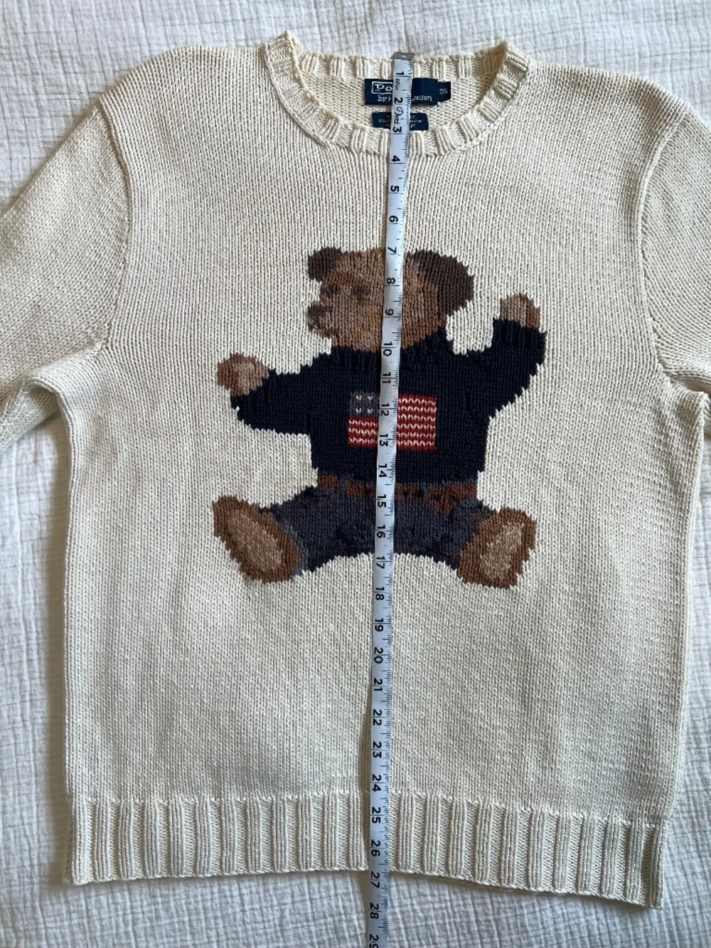 Vintage 90s Polo Ralph Lauren Hand Knit Sit Down Polo Bear USA Flag Sweater Rare